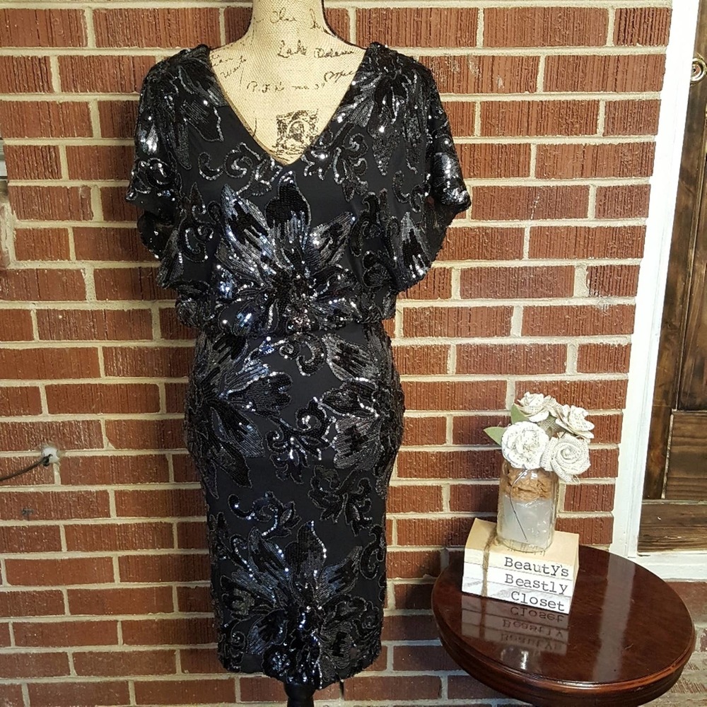 Betsy Adam Black Sequin Floral Vintage Fitted Pencil Mini Cocktail Dress 4 NWT